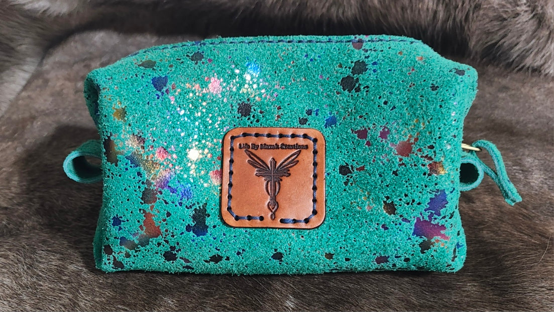 Blue Floral Leather Makeup Bag