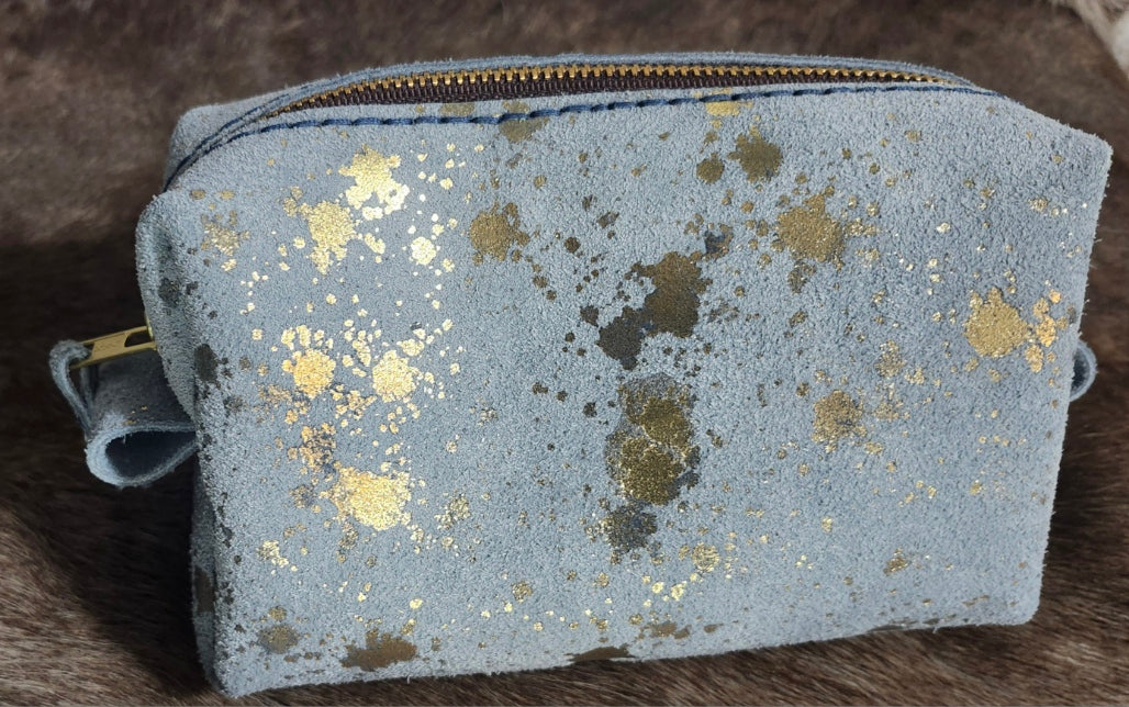 Blue and Gold Leather Makeup Bag